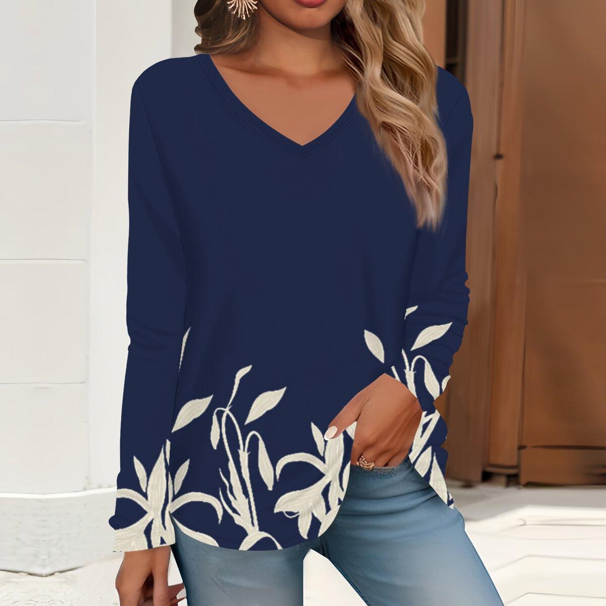 

2023 весна и осень новая мода с длинным рукавом повседневная футболка с v-образным вырезом и принтом