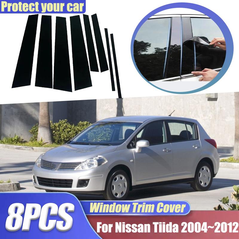 8PCS For Nissan Tiida 2004~2012 Latio Versa Hatchback C11 Window Trim Cover Carbon B C Pillars Posts Stickers Cars Accessories