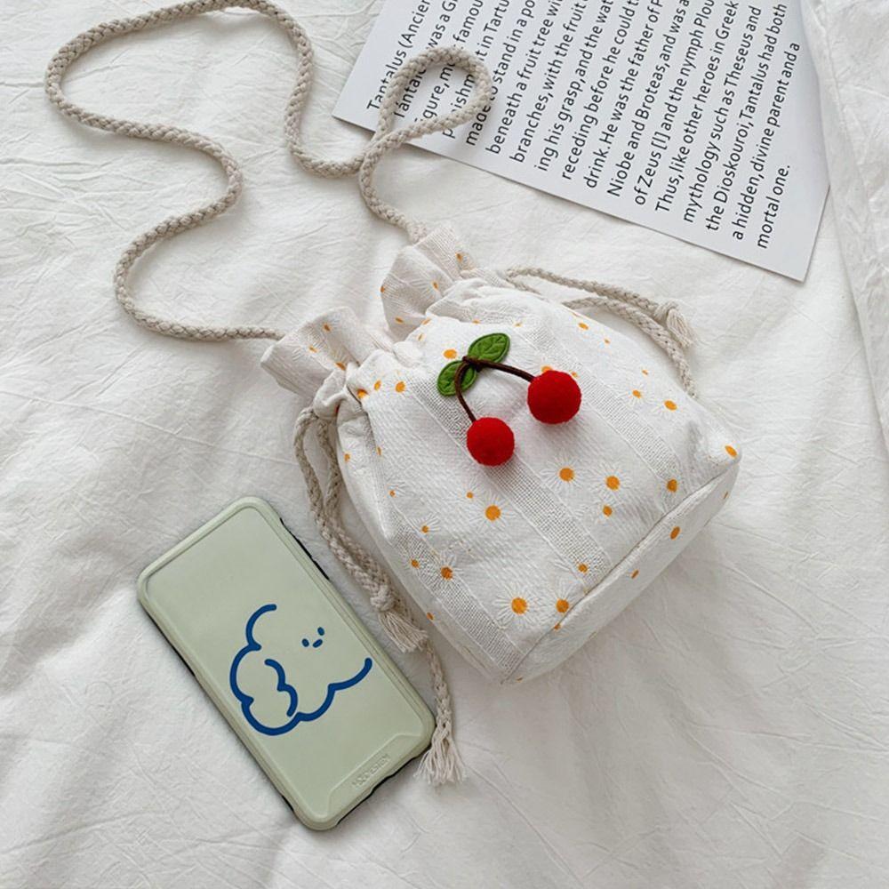 Korean Cute Canvas Cherry Bucket Bag for Women Summer Simple Casual Small Crossbody Bag Female Fashion Shoulder Bags