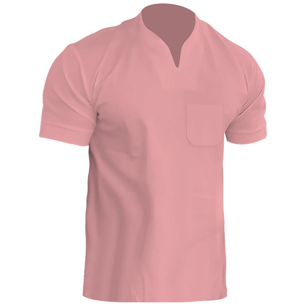 Muscle Men's Pocket Fitness Plus Size Sports T-shirt Men's Elastic Cotton Summer V-neck Short Sleeve Polo Shirt