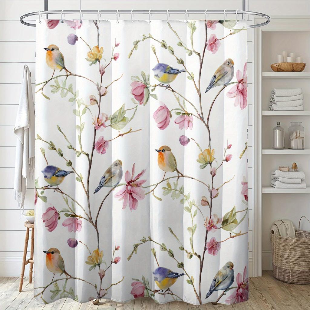 1pc Flower Branch Bird Print Shower Curtain, With Hooks, Windows And Walls, Bathtub, Bathroom Home Decoration Shower Curtain
