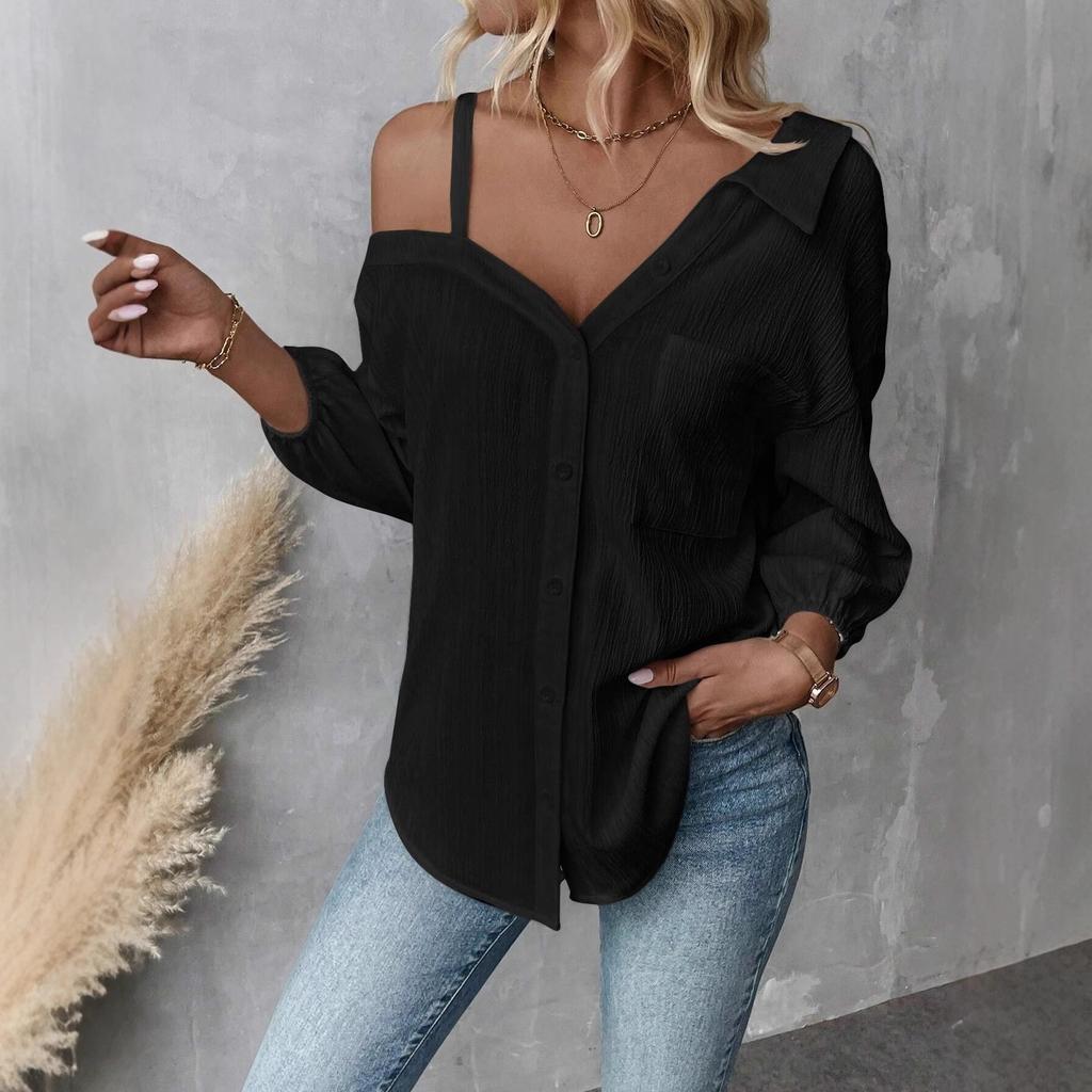 WX019423WMC 2025 Spring Women Textured Crinkle Off Shoulder Shirt Lapel Collar 3/4 Puff Sleeve Single Button Down Casual Blouse S-XL