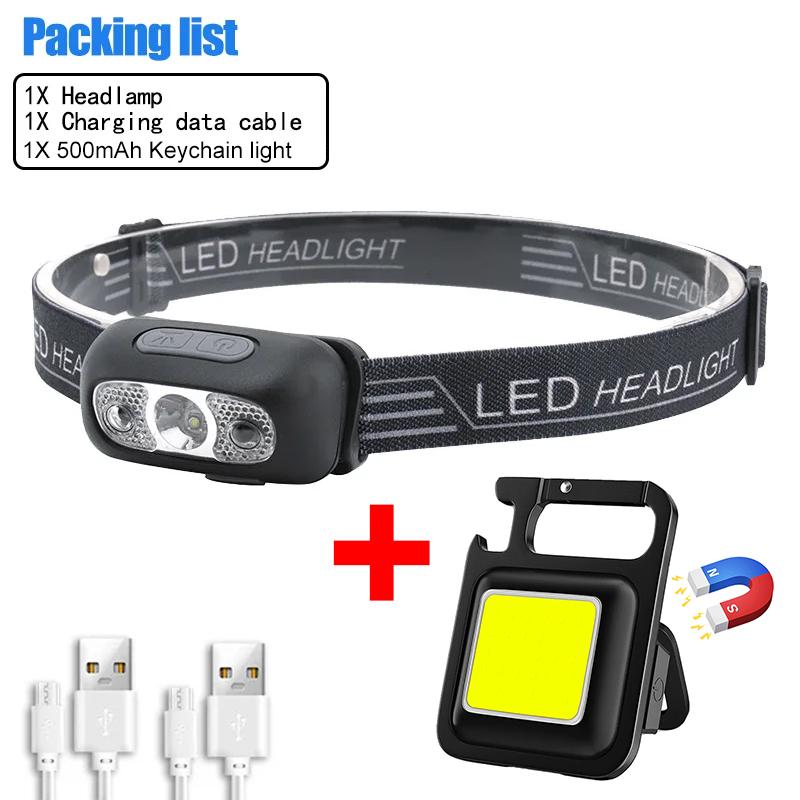 Mini LED Headlamp USB Rechargeable Headlight Wave Sensor Head Flashlight Outdoor Houshold Lamp for Camping Hiking Emergency Fish