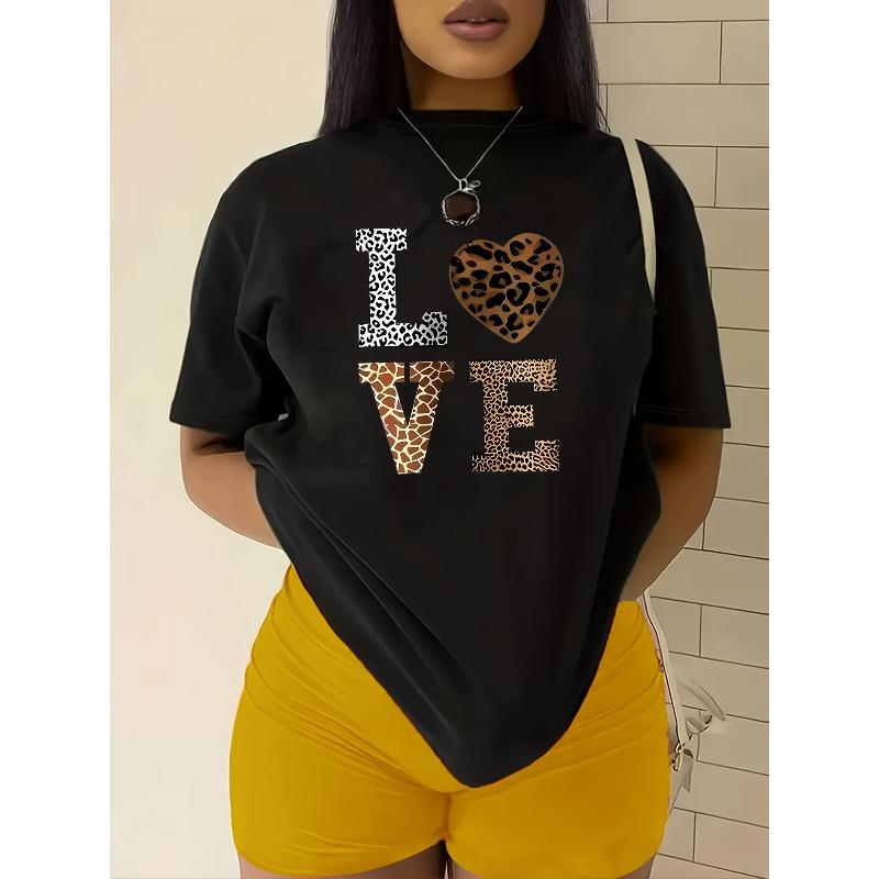 

European sizes Women s Casual LOVE Graphic T-Shirt with Leopard Print & Heart Design - Stretchy Round Neck Short Sleeve Top 4XL