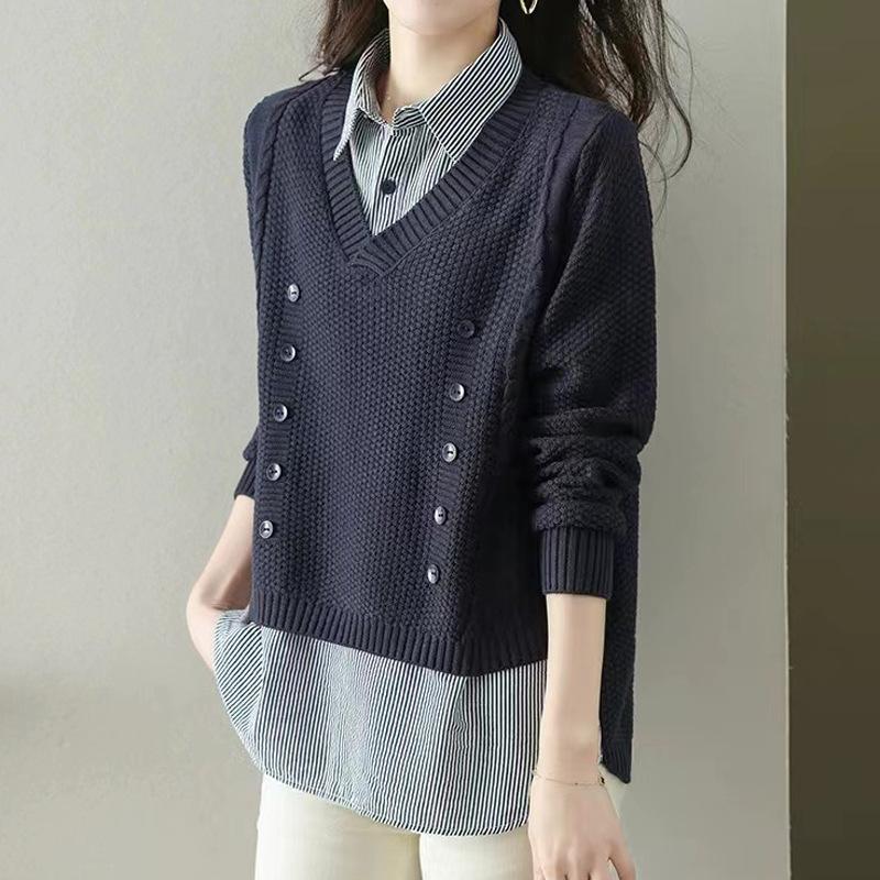 Fake Two Piece Knit Sweater Women's Splice Shirt Collar Spring Autumn Korean Loose Long Sleeve Sweater Brown Shirt