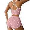 2 Pcs/Set Women Vest Shorts Suit Bow Heart Print Sleeveless Shirring Top High Waist Short Trousers Homewear Loungewear Outfit Summer Sleepwear