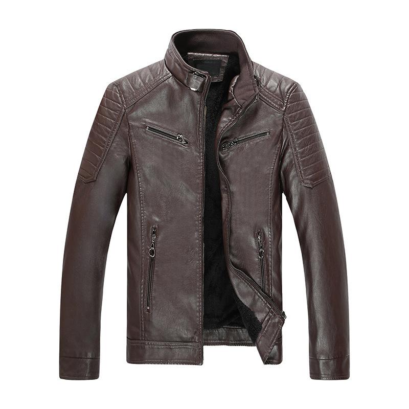 New Men's Fashionable Solid Color Leather Jacket Stand Collar Striped