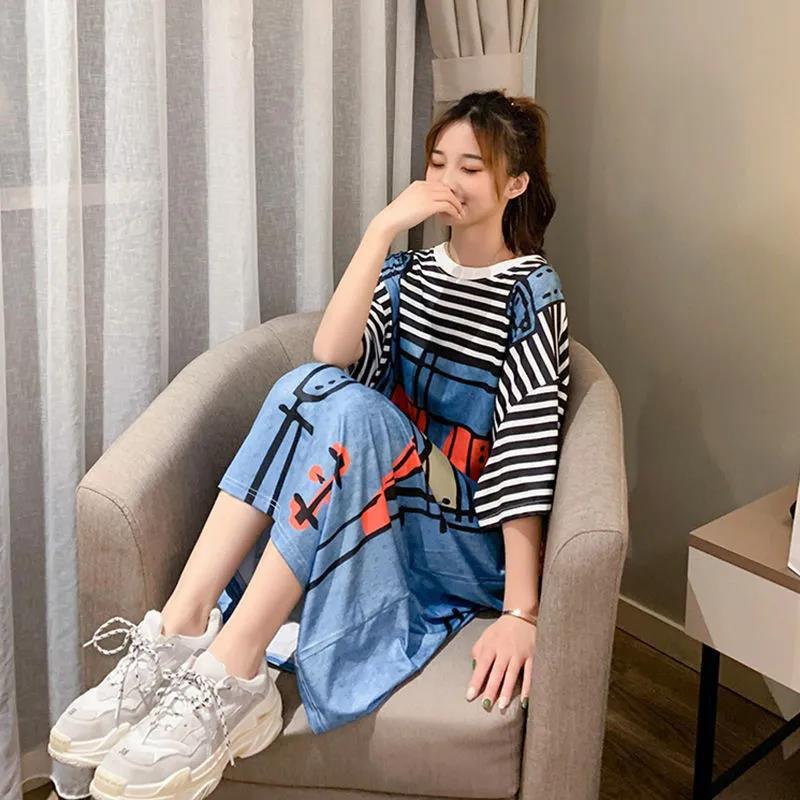 Women T-shirt Dress Plus Size Long Dress Cartoon Home Nightdress
