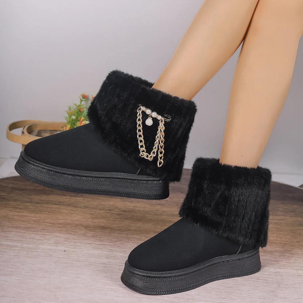 Bottes de neige en velours à plateforme avec chaîne en métal pour femmes, grande taille 36-42, chaussures décontractées à semelles souples, tendance