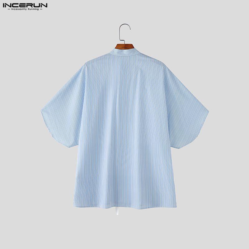 INCERUN 2 Stück Sommer Herren Kurzarm Gestreifte Nähte Hemden und Lange Hosen Übergroße Outfits Sets