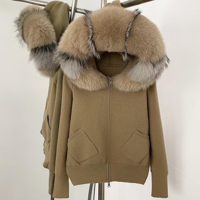 Damen Übergroßer Strick-Cardigan Mit Abnehmbarer Echtfuchsfell-Kapuzenrand Lockerer Schnitt Langarm Reißverschluss Vorne Pullover