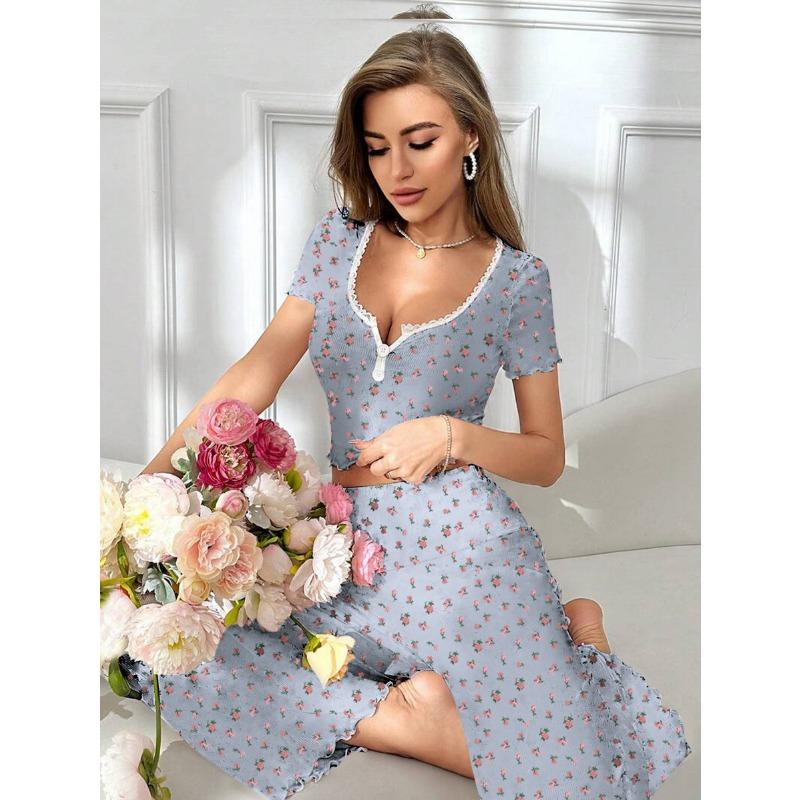 VEZFAA Women's Fashion Casual Summer Spring Flower Pattern Print Short Sleeve V-Neck Trousers Pants Suits