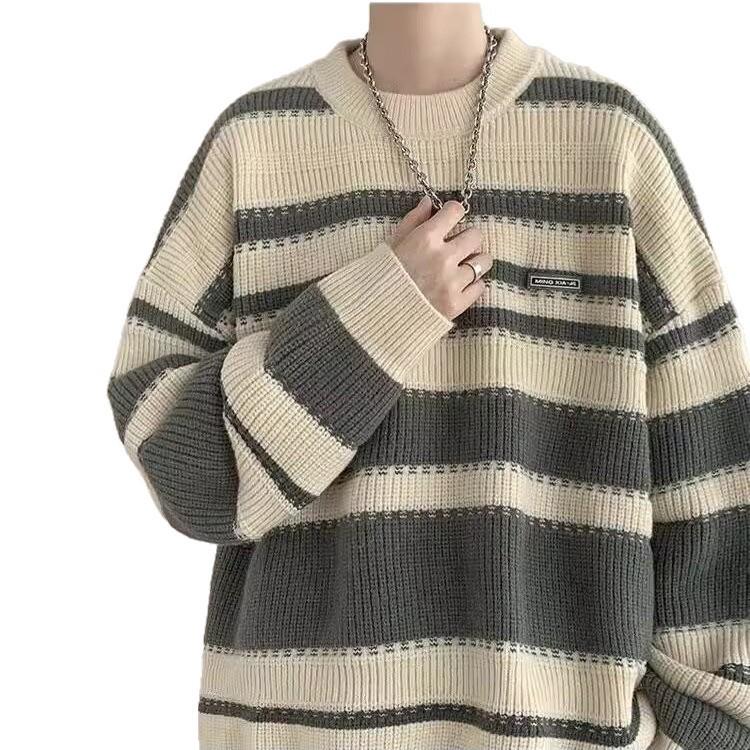 Men's Retro Rainbow Stripe Knit Sweater - Winter 2025 Casual Round Neck Style