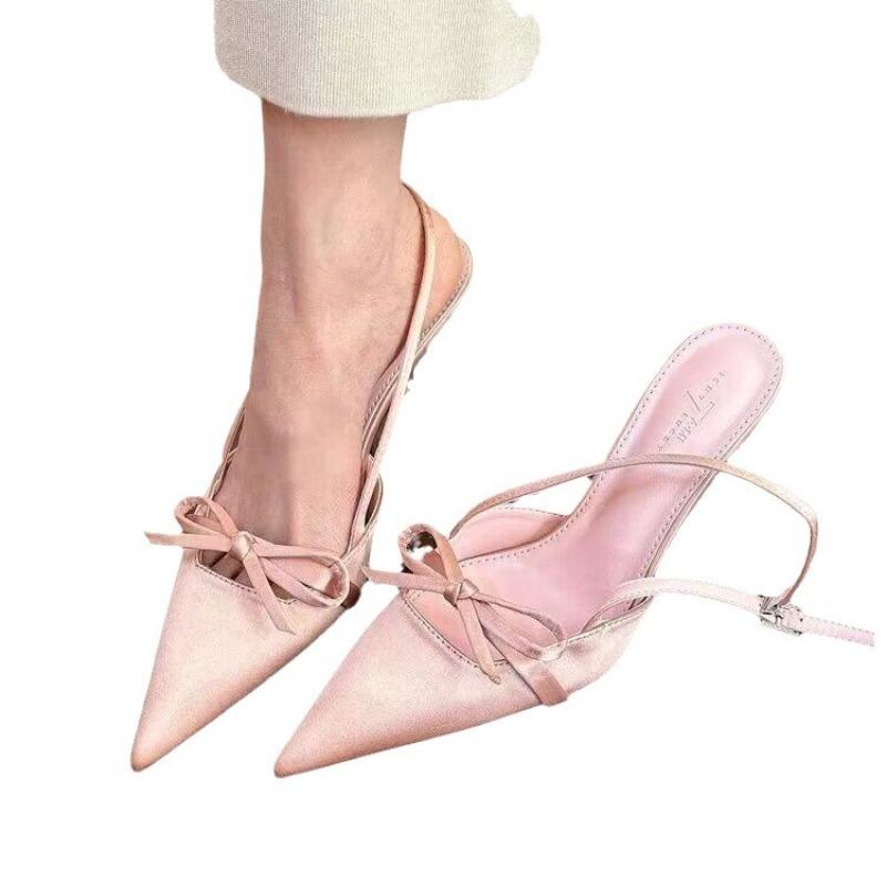 Fashion Silver Pointy Bow Sandals Women's Summer Stiletto Heels Cool and Gentle High-grade