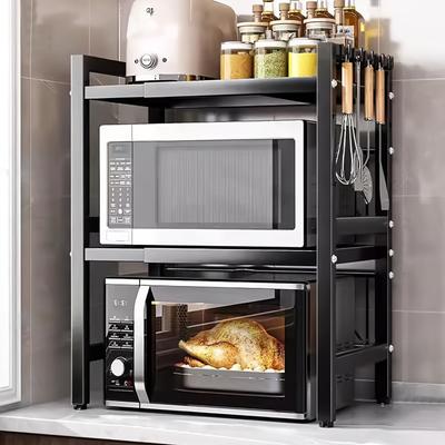Prateleira de armazenamento multifuncional, 3 níveis, extensível, bancada, assadeira, com 6 ganchos, prateleira de cozinha, porta-tempero, cozinha