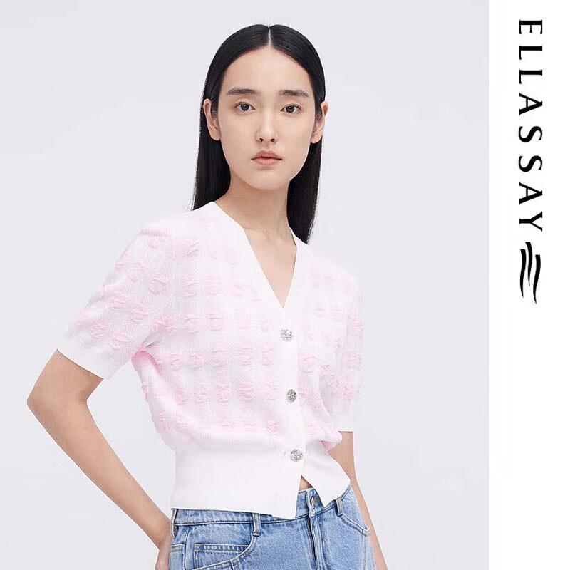 

ELLASSAY Women s Sweet Plaid V-Neck Short Sleeve Knit Top L