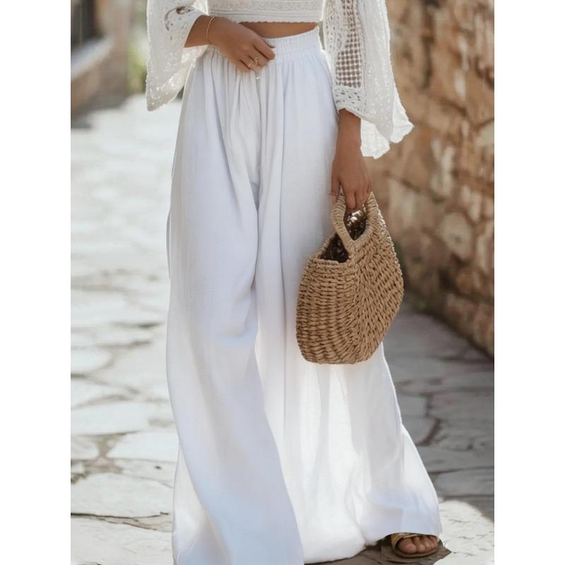 Womens Casual Solid Color Elastic Waist Wide Leg Pants