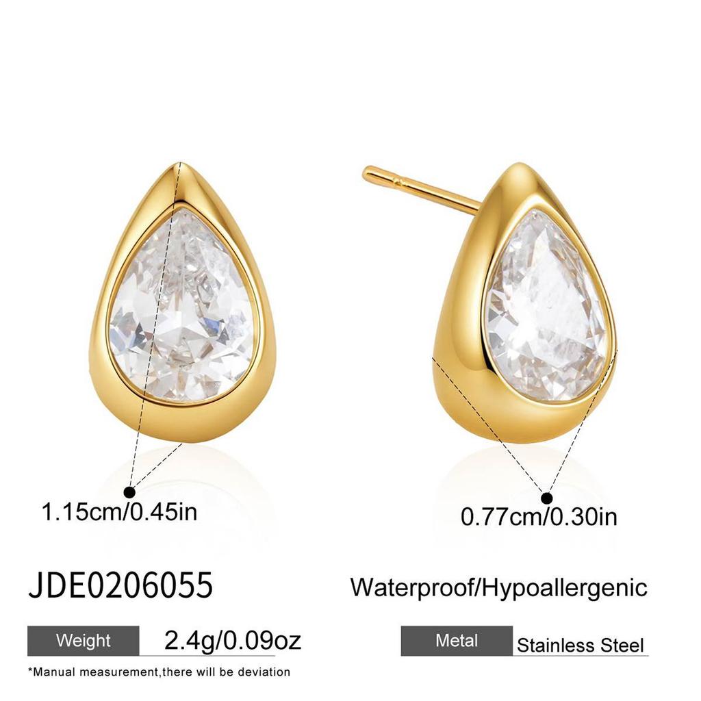 Wanxing Women's 18K Gold Plated Stainless Steel Necklace & Earrings Set with White Drop Zirconia, Light Luxury Jewelry Gift.