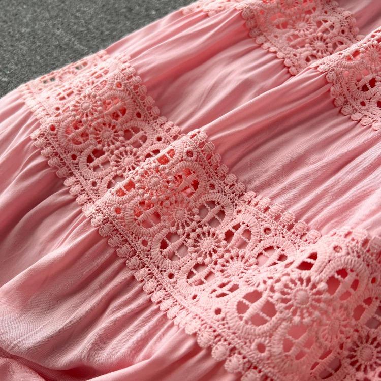 Luxury Party Dress for Women Long Lace Hollow Out Bandage Runway Patchwork Solid Lantern Sleeve Single Breasted Stand Dress