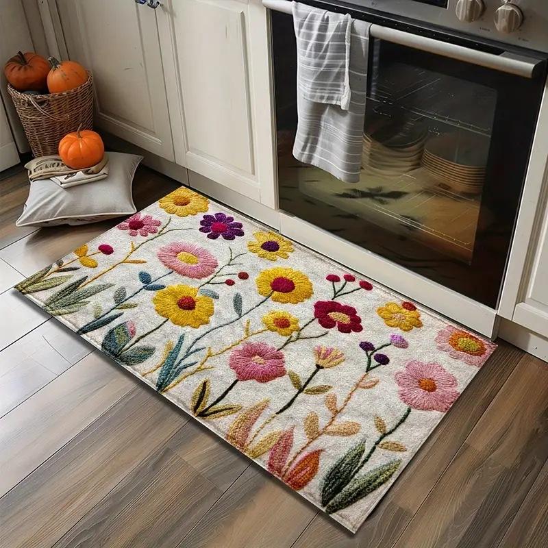 

Яркий цветочный приветственный коврик - Нескользящий, Дверной коврик с красочными цветами и зелеными листьями, Идеально подходит для кухни, ванной комнаты 40*60CM