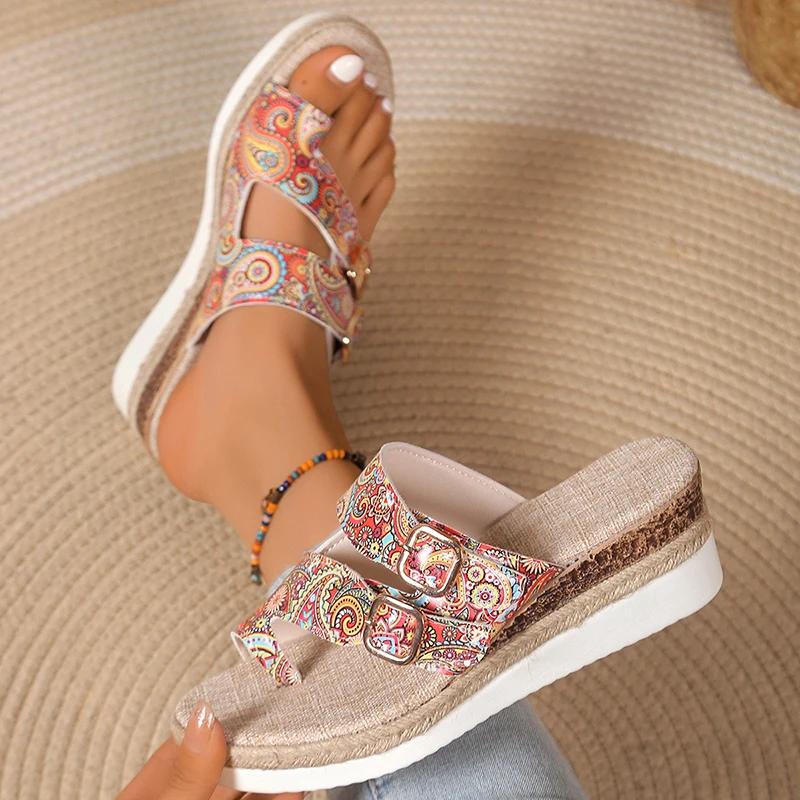 Fashion Fashion Printed Wedge Sandals for Women Ring Toe Double Buckle Platform Slippers Woman Summer Lightweight Non Slip Beach Sandals