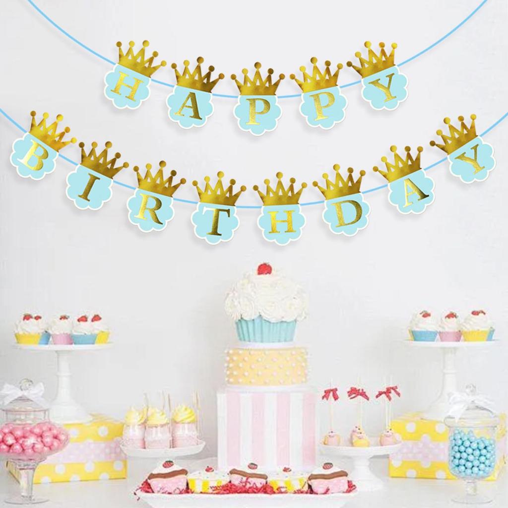 Children's Birthday Theme Party Decoration Banner Birthday Gold Stamped Crown Letter Pull Flag