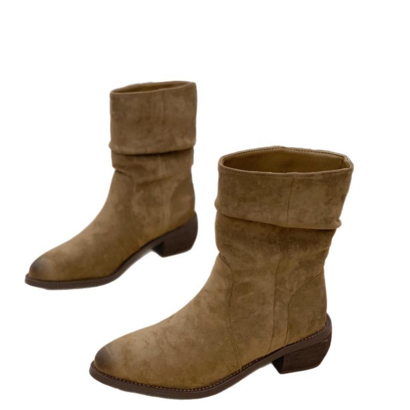 High Heel Pointed Suede Khaki Skinny Short Boots Women's Shoes New Pile Boots Spring and Autumn Single Boots