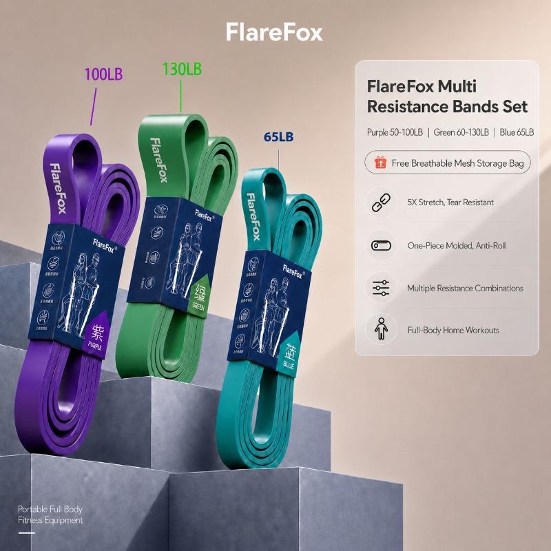 FlareFox Multiple Resistance Bands Set Pull-up Assist Straps Strength Agility Training Handy Gym Equipment for Home CrossFit 3