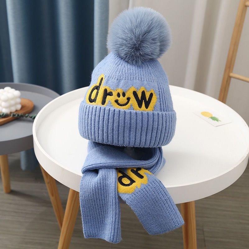 Autumn and winter children's hat boy bear wool hat girl knitted cotton warm baby hat scarf two-piece set