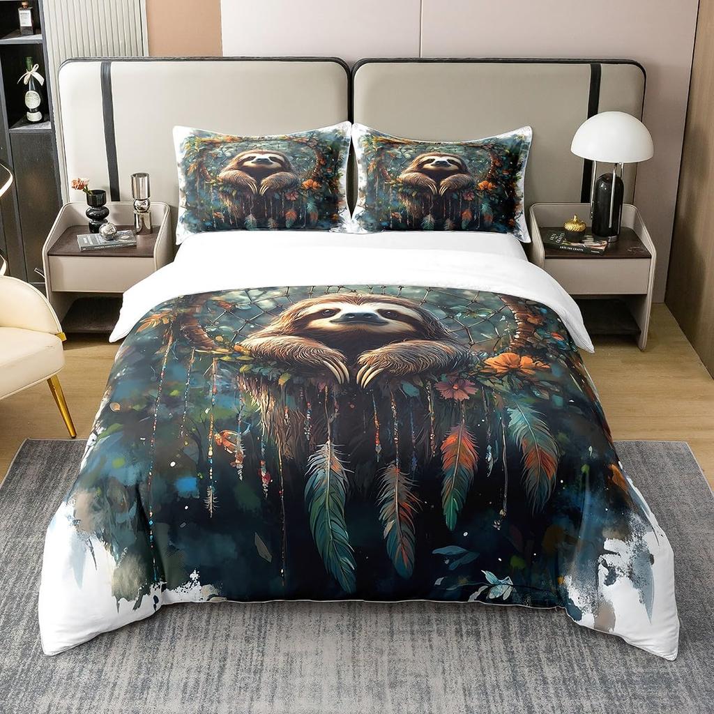 Sloths Tropical Leaves Warm Comforter Cover Set Beding Set for Children Kids Young Boys Young Girls Lovely Animal Soft Duvet Cover Lovely Bedspread