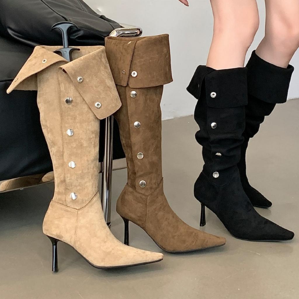 Fashion 2025 New Retro Women's Boots Matte Suede Middle Western Cowboy Boots High Barrel Coarse Heel Knight Boots