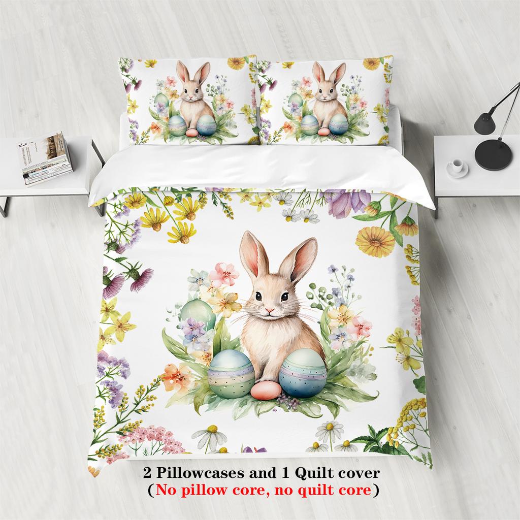 3-teiliges Cartoon Happy Easter Musterdruck Bettbezug-Set, Weich, Bequem und Atmungsaktiv Bettwäsche-Set, für Schlafzimmer, Gästezimmer, Hotel