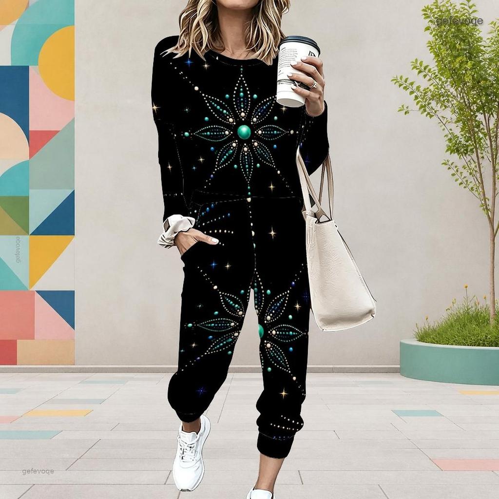 Women Plus Size Black Printed Two Piece Set Round Neck Long Sleeve Cuffed Top Cuffed Pants With Pockets