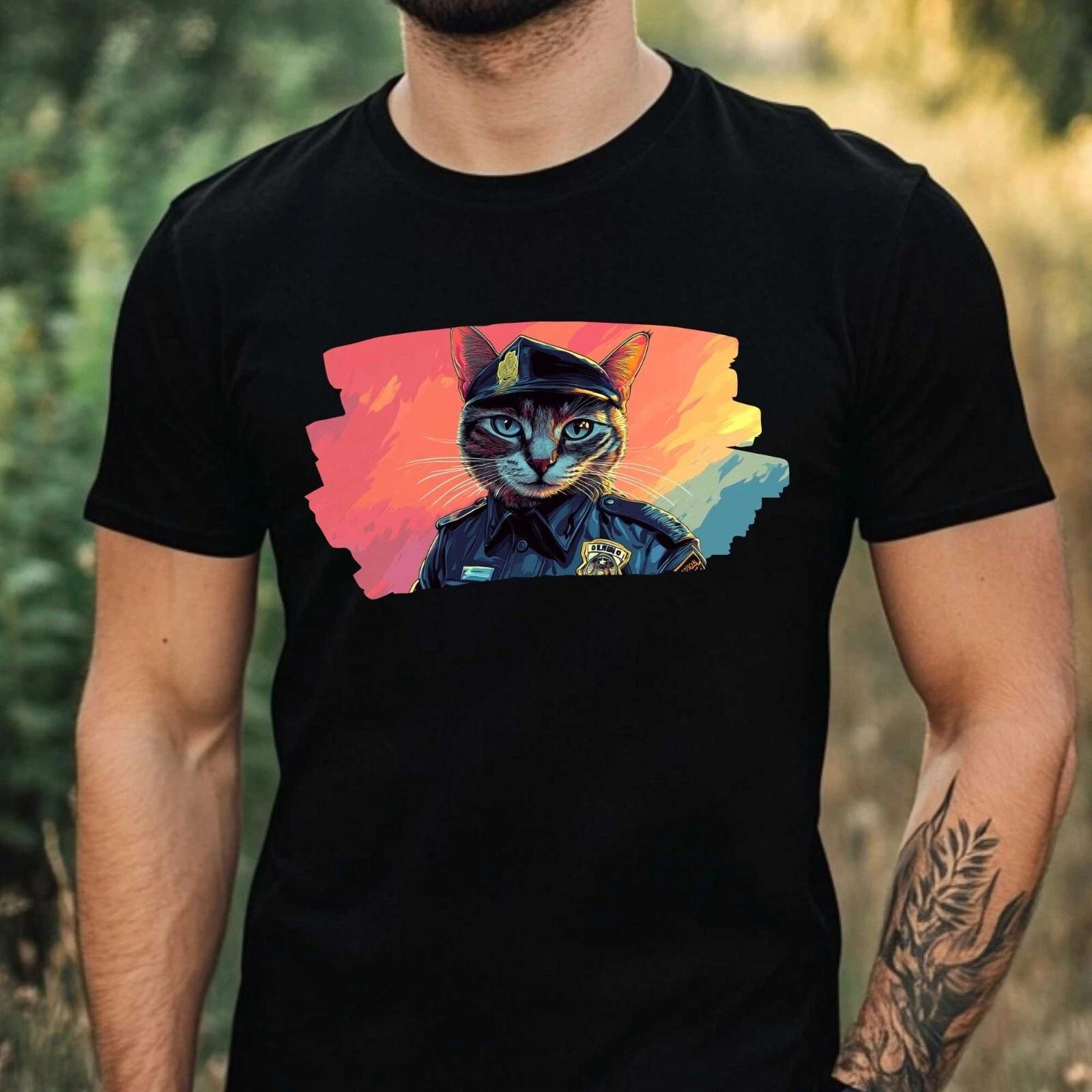 T-Shirt Herren Katze als Polizist Motiv Baumwolle Größe XS bis 5XL L