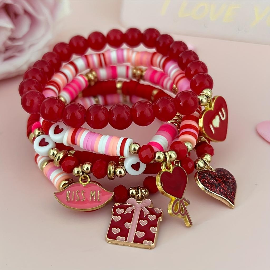 5pcs Valentine's Day Soft Clay Bead & Heart Charm Bracelets - Elastic Stretch Beads, Love Token Gift for Couples,Year-Round Wear