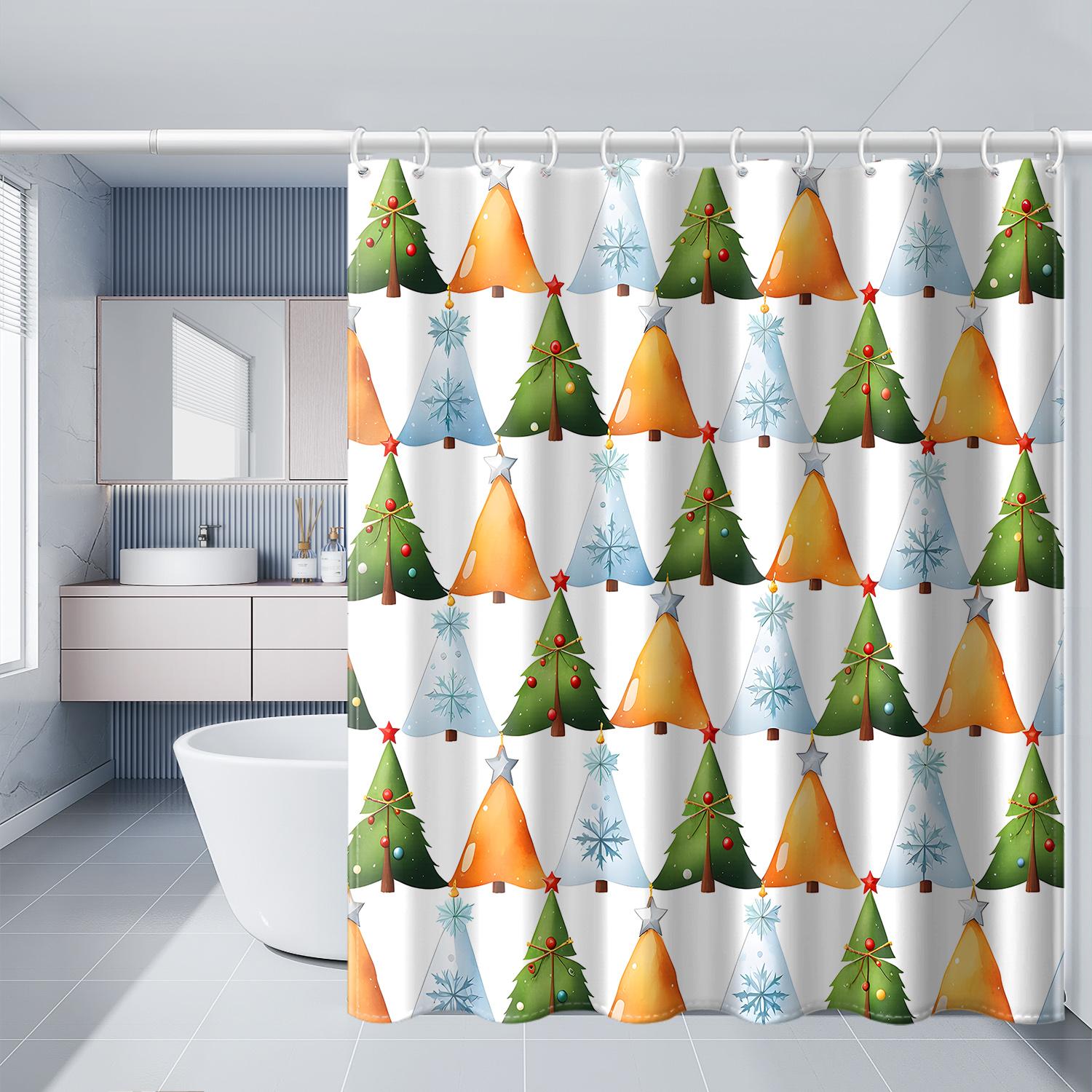 

1Pc Cartoon Yellow Green Snowflake Christmas Tree Printed Shower Curtain With Plastic Hook, Christmas Bathroom Partition Curtain W60H190(CM)-1 Pcs