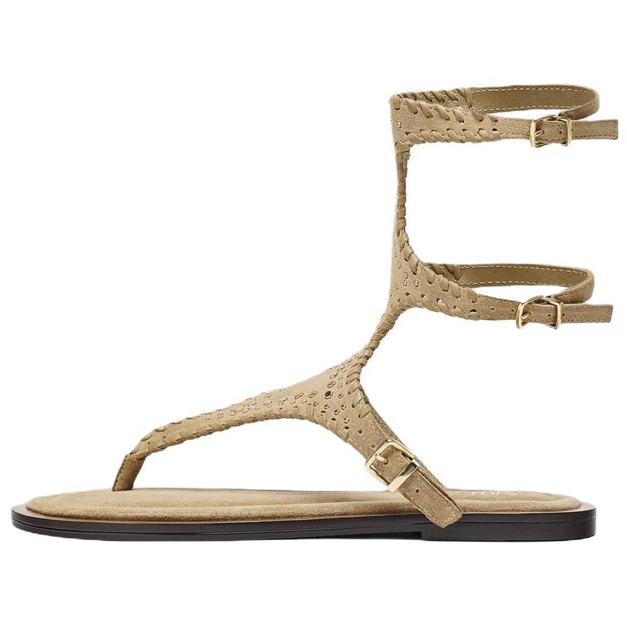 Zara Woven Toe Post Ankle Wrap Flat Sandals Beige Women 2601610107 37