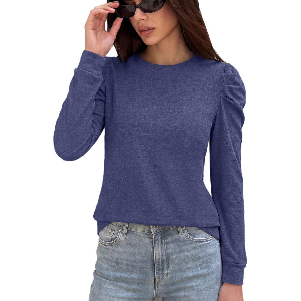 Fall Winter Women's Solid Color Loose Crew Neck Pleated Long Sleeve T-shirt Top For Cross-border European American Trade