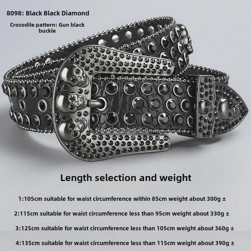 Curea de lux cu cataramă cu strasuri și craniu închis la culoare, cu paiete și diamante