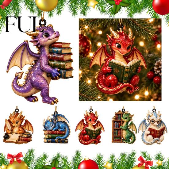 Creative Holiday Ornament for Garden Bookish Dragon Ornament, Fantasy Book Dragons Christmas Hanging Whimsical Decor Bookshelf Decoration, Acrylic