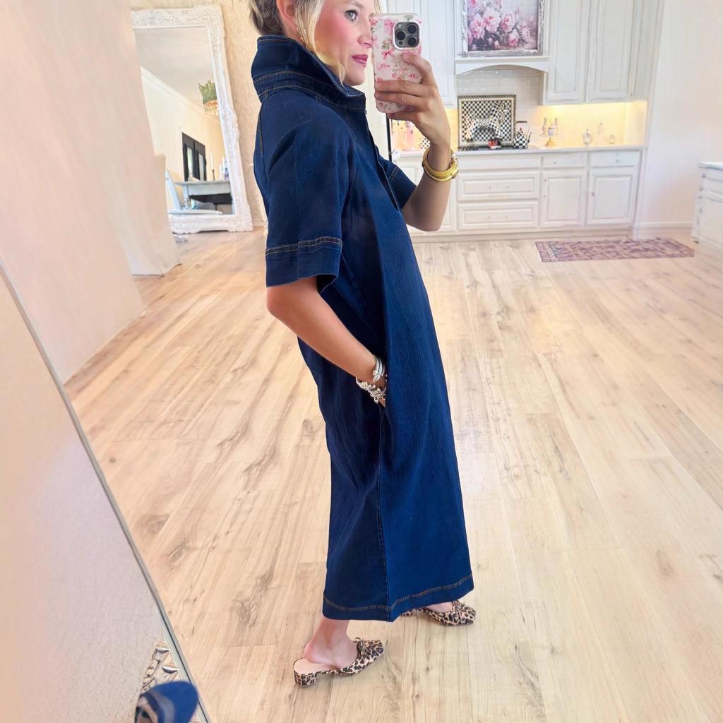 Spring and Summer Fashion Flowing-Effortless Style Denim Dress with Collar and Partially Opened Front Sleeveless Long Dress for Women