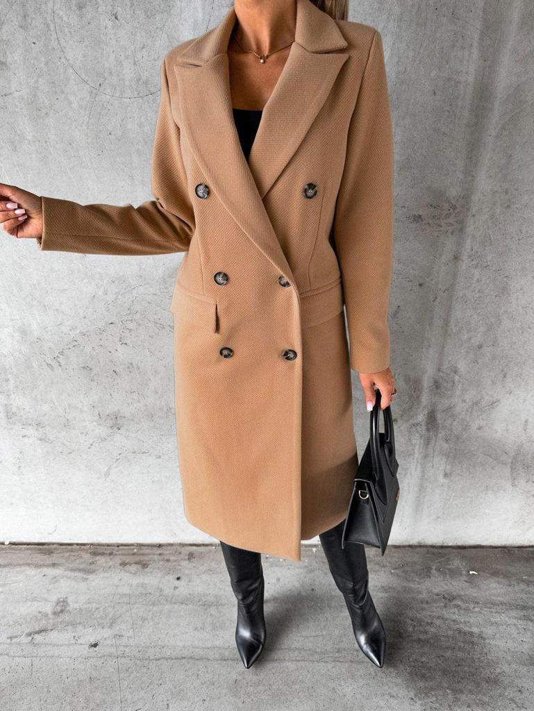Women's Spring 2025 Versatile Woolen Double-Breasted Long Sleeve Coat with Welt Pockets