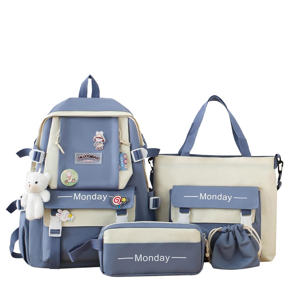 School bag four-piece school bag female versatile primary school student backpack tote bag fashion color matching large-capacity junior high school