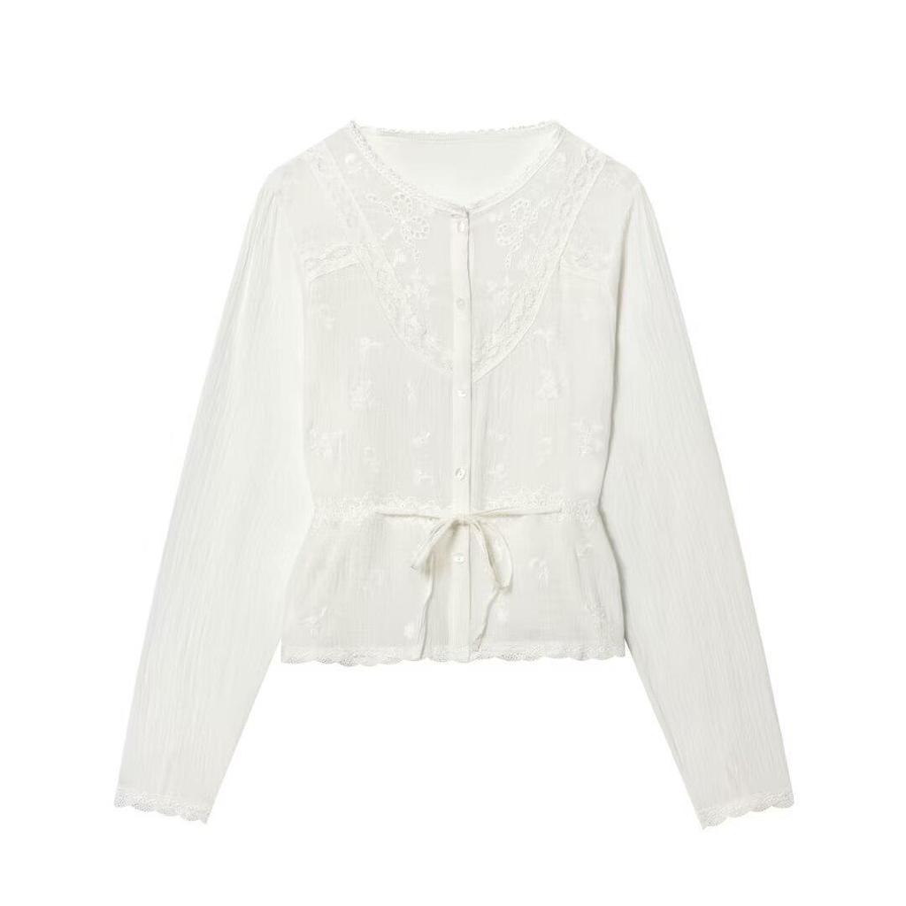 Sweet Women's Embroidered Gauze Blouse with Hollow-Out Waist-Cinching Pleated Bandeau