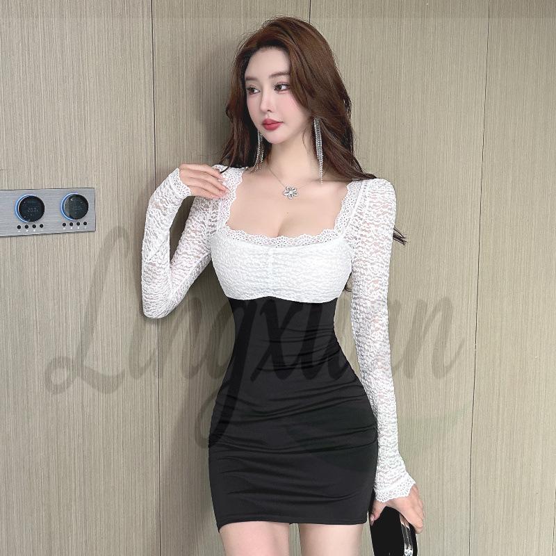 Elegant Slimming Lace Patchwork Square Neck Dress - Long Sleeve, Cinched Waist, Hip-Hugging Short Skirt