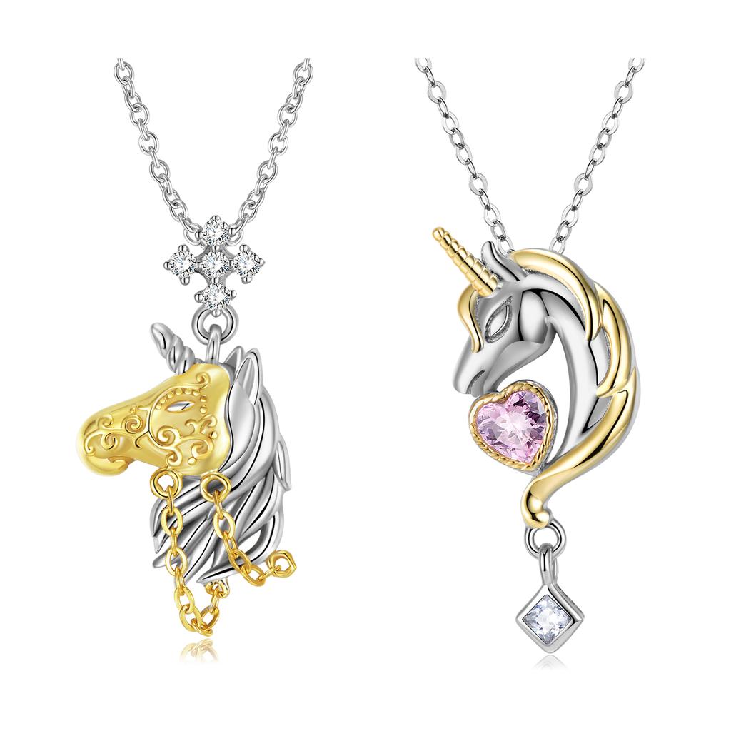 Unicorn Heart Pendant Necklace with CZ Dangle Authentic 925 Sterling Silver Beads for Women Necklace Jewelry Gold Plated Gift
