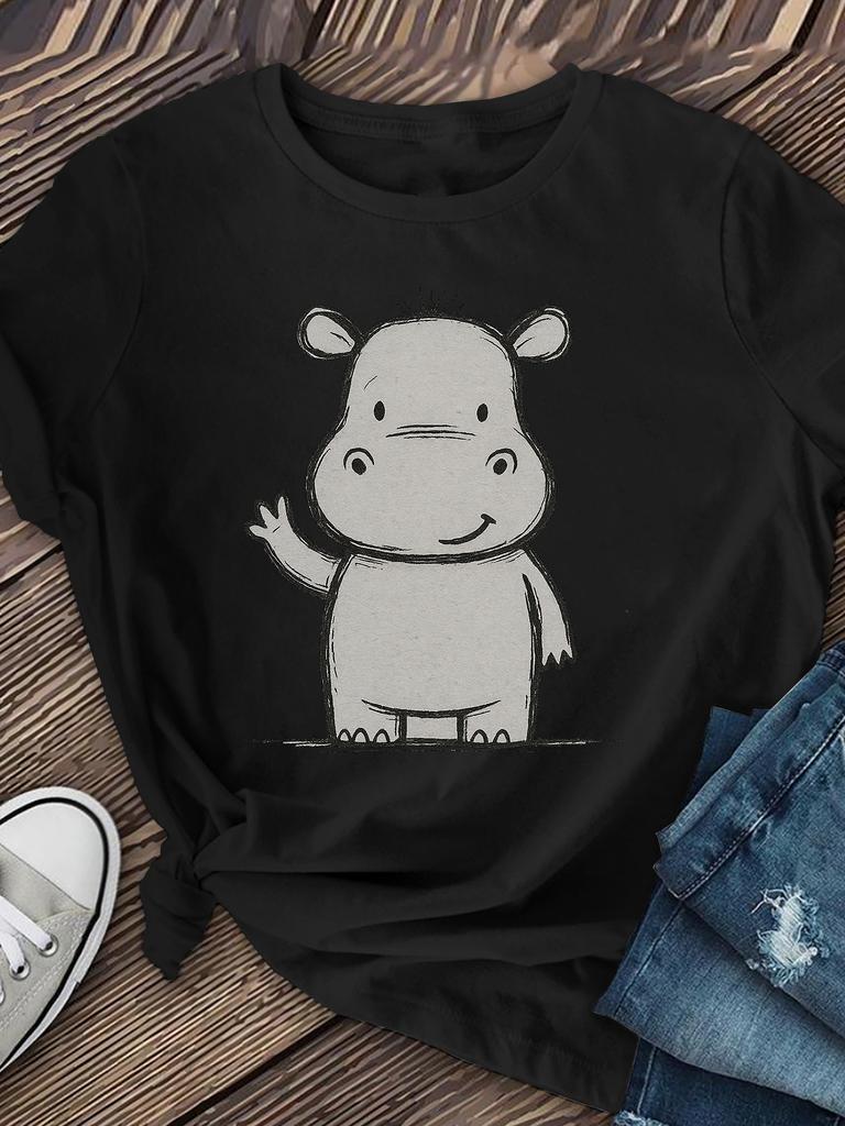 Cute Hippopotamus Lady Short-sleeved, Women's Clothing, Summer Women's Clothing, Casual Short-sleeved Round-neck Top for Spring and Summer,