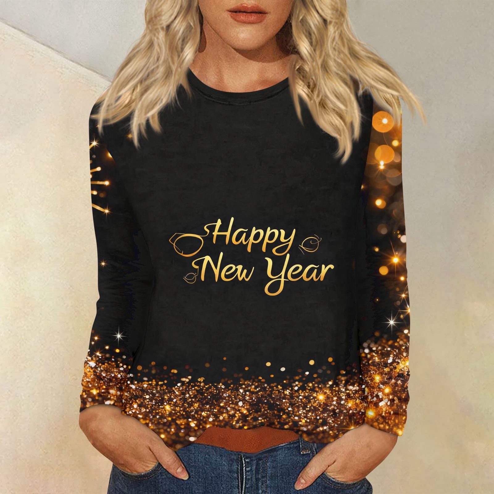 Women s Loose Comfortable Casual Fashion Round Neck New Year Printed Long Sleeve Top L
