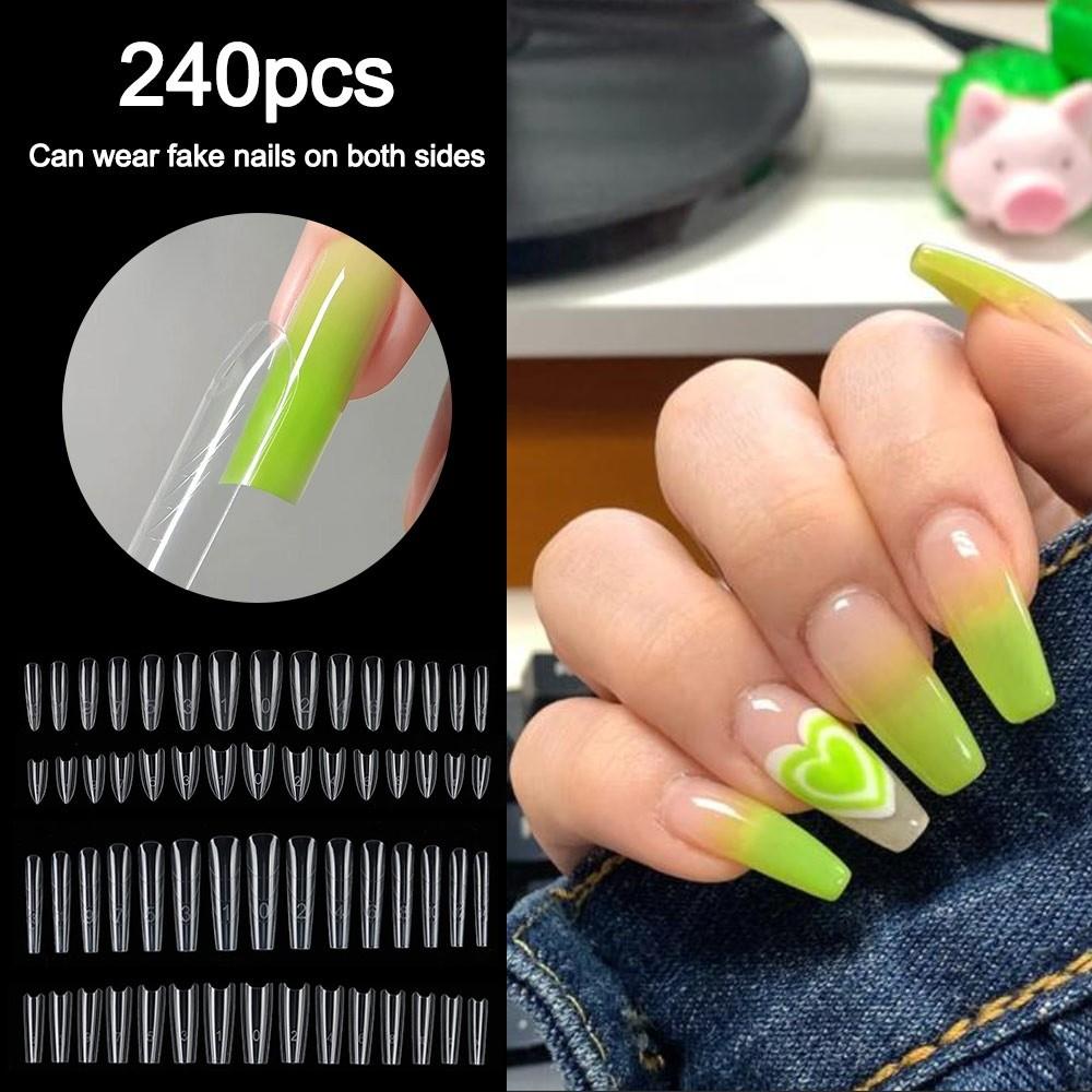 240pcs Coffin Shape Sandwich Nail Forms Ultra-Thin No-Trace Double-Sided Fake Nails with Auxiliary Line Almond Shape Nail Tips
