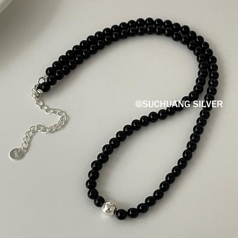 Su Chuang S925 Sterling Silver Black Agate Beaded Women s Clavicle Necklace 925 Silver